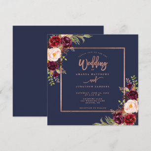 Burgundy Floral Navy Blue Rose Gold Script Wedding Einladung