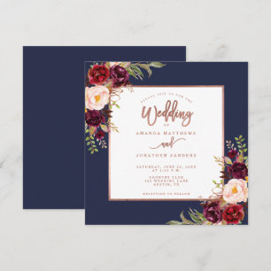 Burgundy Floral Navy Blue Rose Gold Script Wedding Einladung
