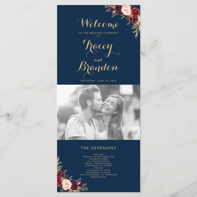 Burgundy Floral Navy Blue Script Foto Hochzeit Programm (Vorderseite)