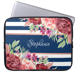Burgundy Floral Navy Blue Stripes Personalisiert Laptopschutzhülle