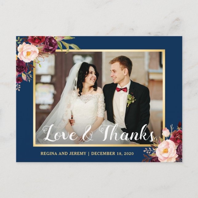Burgundy Floral Navy Blue Wedding Foto Vielen Dank Postkarte (Vorderseite)