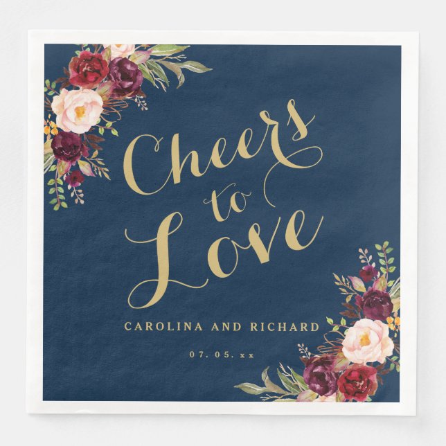 Burgundy Floral Navy Blue Wedding Gold Cheers Serviette (Vorderseite)