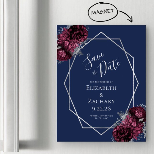 Burgundy Floral Navy Silver Wedding Save the Date Magneteinladung (Von Creator hochgeladen)