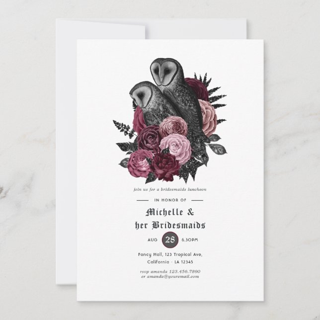 Burgundy Floral Owls Gothic Bridesmaids Luncheon Einladung (Vorderseite)