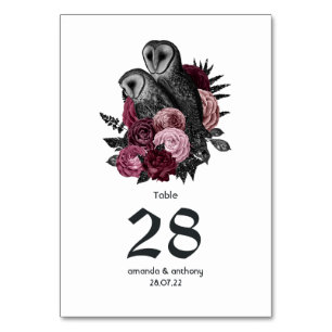 Burgundy Floral Owls Gothic Wedding Tischnummer