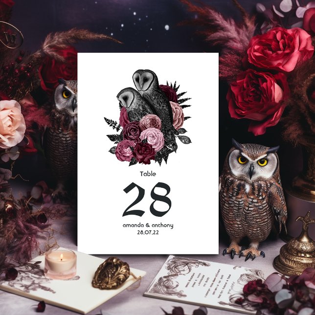 Burgundy Floral Owls Gothic Wedding Tischnummer (Von Creator hochgeladen)