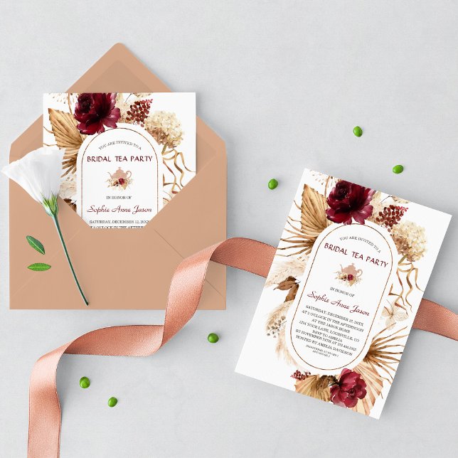 Burgundy Floral Pampas Grass Bridal Tee Party Einladung (Von Creator hochgeladen)
