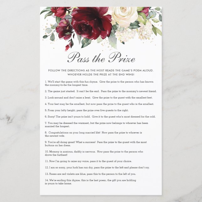 Burgundy Floral Pass auf das Baby Shower Game des  (Vorderseite)