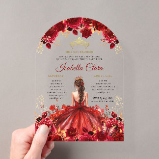 Burgundy Floral Princess Gold Quinceanera Acryleinladungen