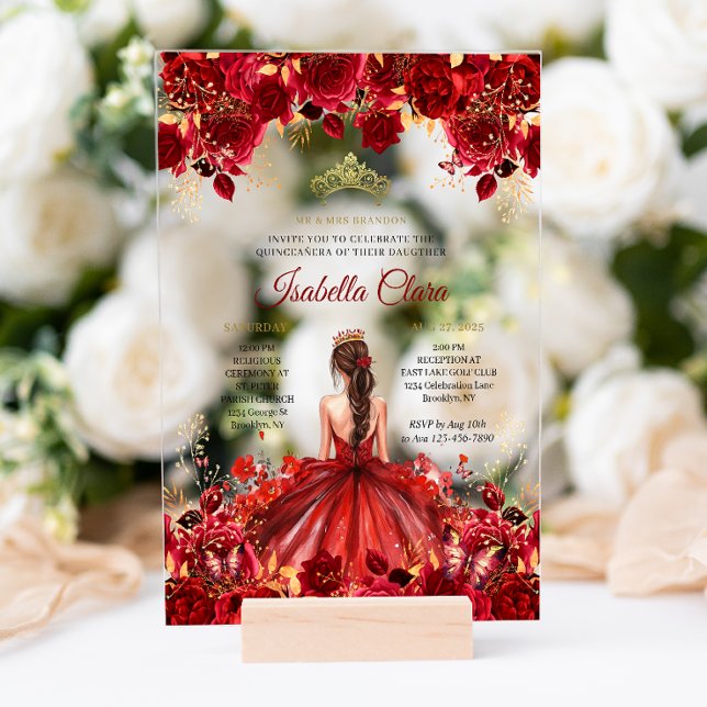 Burgundy Floral Princess Gold Quinceanera Acryleinladungen (Von Creator hochgeladen)