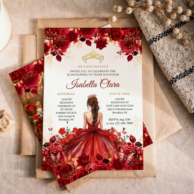 Burgundy Floral Princess Gold Quinceanera Einladung (Von Creator hochgeladen)