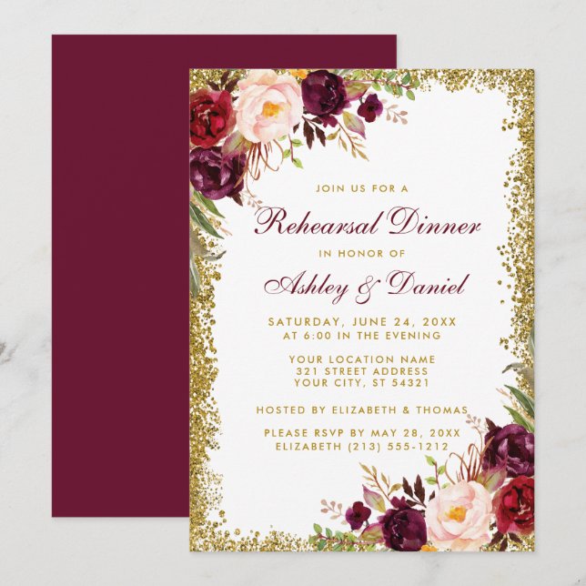 Burgundy Floral Probe Dinner Gold Glitzer Einladung (Vorne/Hinten)