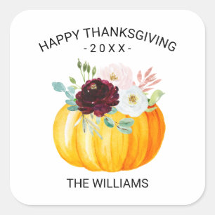 Burgundy Floral Pumpkin Custom Happy Thanksgiving Quadratischer Aufkleber