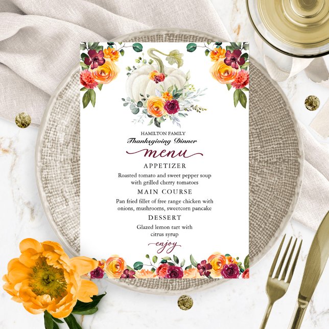 Burgundy Floral Pumpkin Erntedank Dinner Menu Dankeskarte (Von Creator hochgeladen)