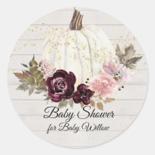 Burgundy Floral Pumpkin Gold Wooden Baby Dusche Runder Aufkleber