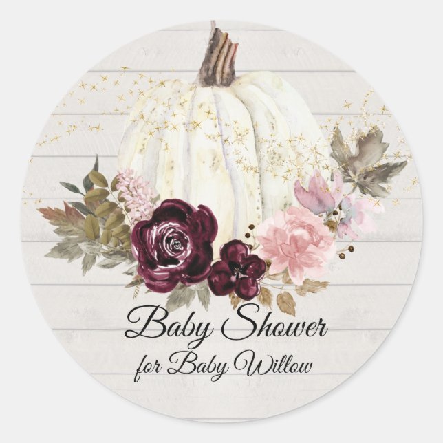 Burgundy Floral Pumpkin Gold Wooden Baby Dusche Runder Aufkleber (Vorderseite)