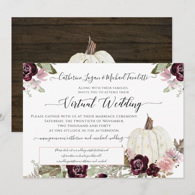 Burgundy Floral Pumpkin Rustic Virtual Wedding Einladung (Vorne/Hinten)