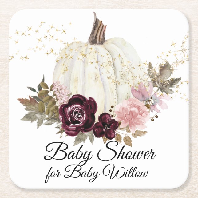 Burgundy Floral Pumpkin Watercolor Babydusche Rechteckiger Pappuntersetzer (Vorderseite)