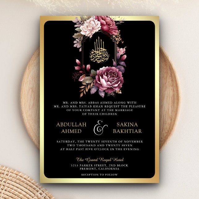 Burgundy Floral QR Code Black Gold Muslim Wedding Einladung (Von Creator hochgeladen)