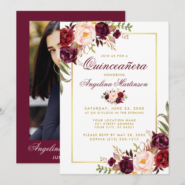 Burgundy Floral Quinceanera Gold Foto Zurück Einladung (Vorne/Hinten)