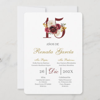 Burgundy floral quinceañera invitation einladung