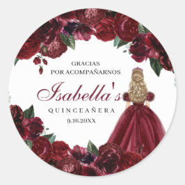 Burgundy Floral Quinceanera Round Stickers