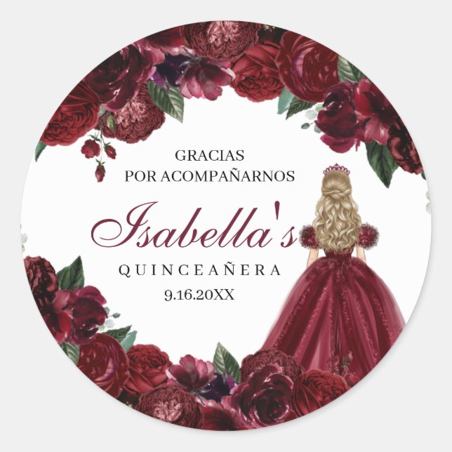 Burgundy Floral Quinceanera Round Stickers (Vorderseite)
