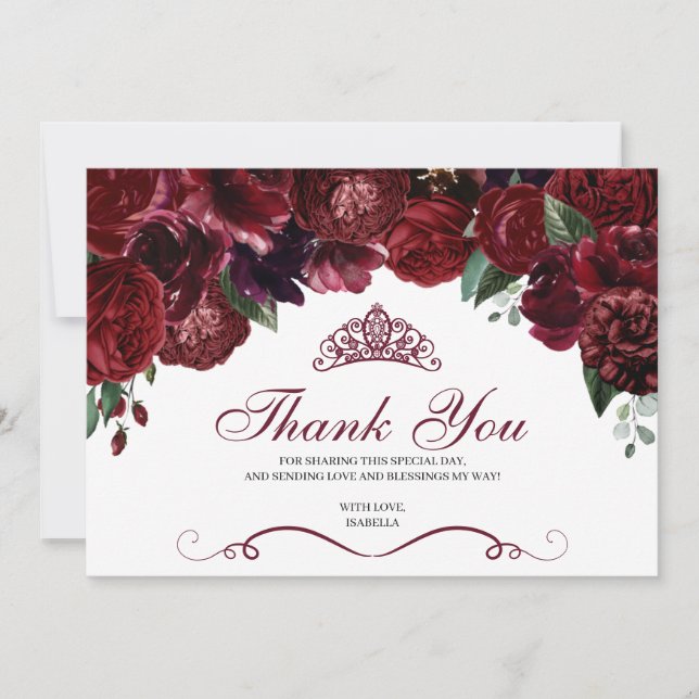 Burgundy Floral Quinceanera Vielen Dank Dankeskarte (Vorderseite)