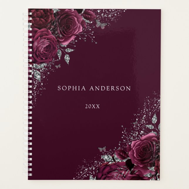 Burgundy Floral Rose Beautiful Personal Planer (Vorderseite)