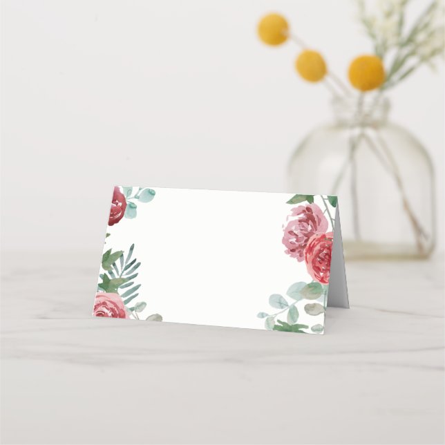 Burgundy Floral Rose Foliage Wedding Platzkarte (Vorderseite)