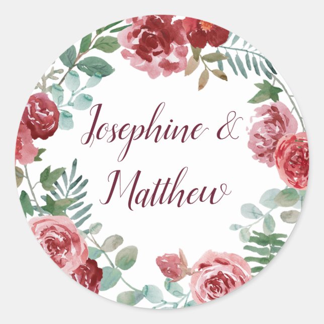 Burgundy Floral Rose Foliage Wedding Runder Aufkleber (Vorderseite)