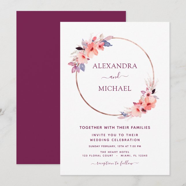 Burgundy Floral Rose Gold Geometric Wedding Einladung (Vorne/Hinten)