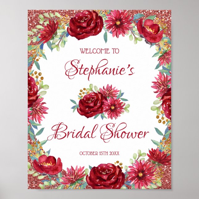 Burgundy Floral Rose Gold Glitter Bridal Shower Poster (Vorne)