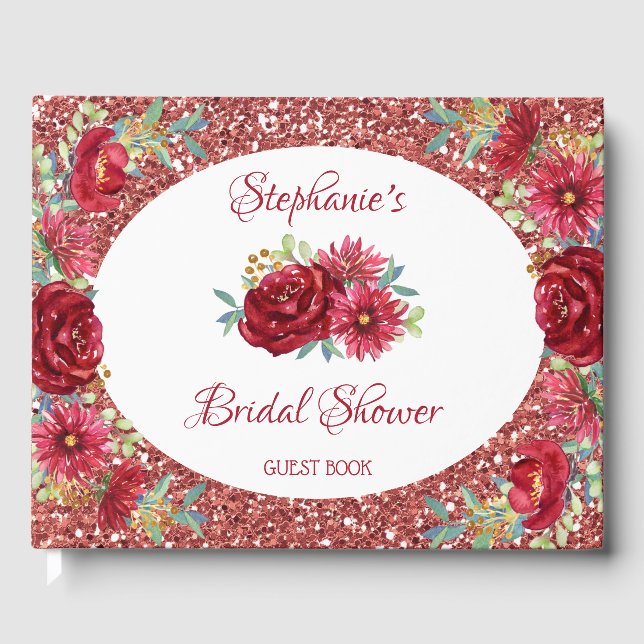 Burgundy Floral Rose Gold Glitzer Brautparty Gästebuch (Vorderseite)