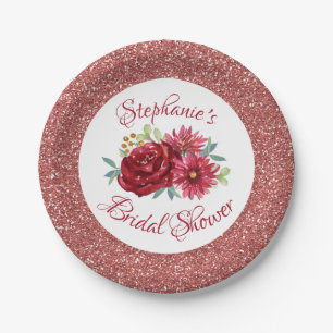 Burgundy Floral Rose Gold Glitzer Brautparty Pappteller