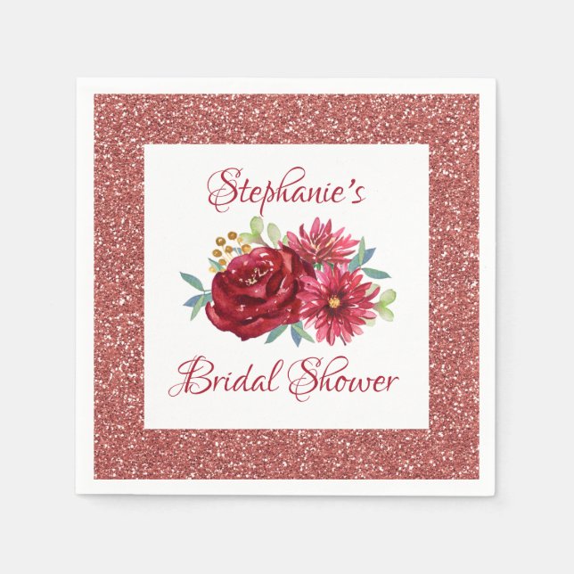 Burgundy Floral Rose Gold Glitzer Brautparty Serviette (Vorderseite)