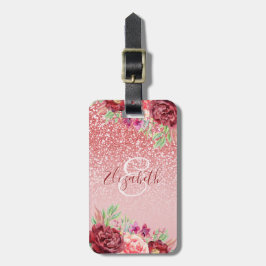 Burgundy Floral Rose Gold Glitzer Personalisiert Gepäckanhänger