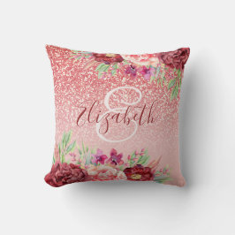 Burgundy Floral Rose Gold Glitzer Personalisiert Kissen