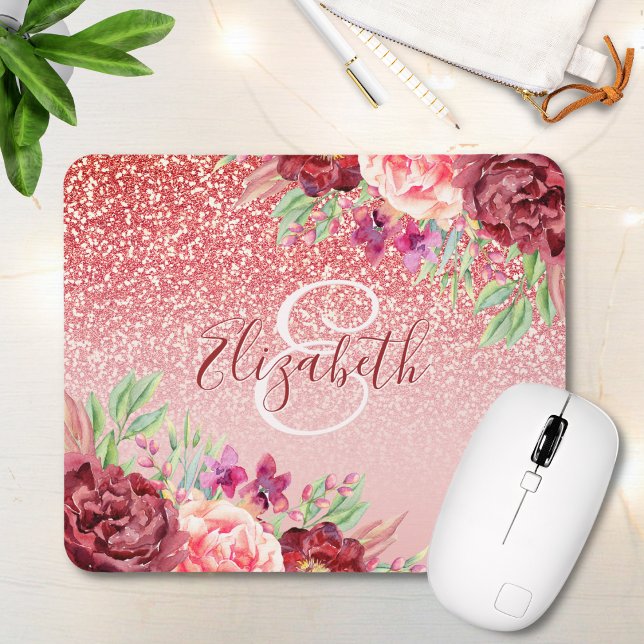 Burgundy Floral Rose Gold Glitzer Personalisiert Mousepad (Von Creator hochgeladen)