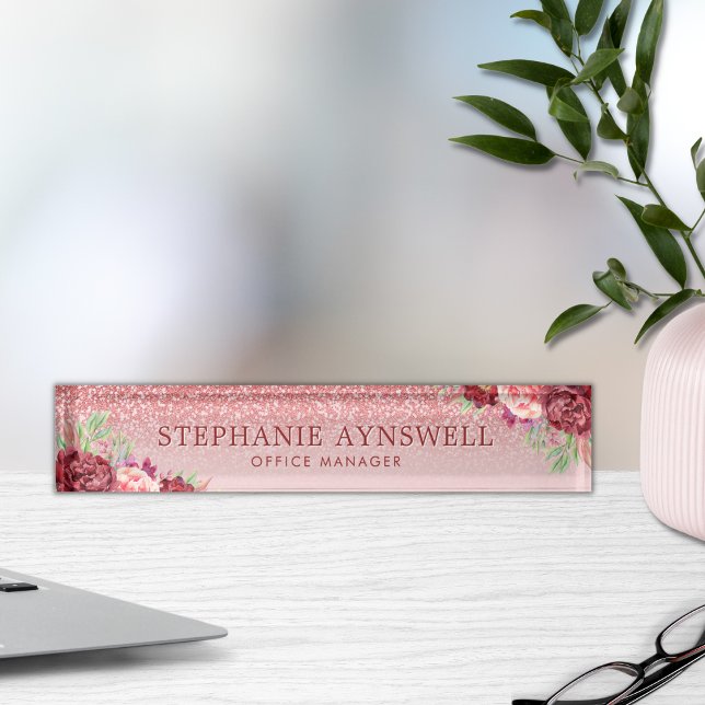 Burgundy Floral Rose Gold Glitzer Personalisiert Namensplakette (Von Creator hochgeladen)