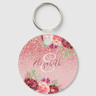 Burgundy Floral Rose Gold Glitzer Personalisiert Schlüsselanhänger