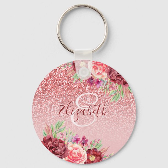 Burgundy Floral Rose Gold Glitzer Personalisiert Schlüsselanhänger (Vorderseite)