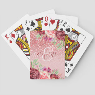 Burgundy Floral Rose Gold Glitzer Personalisiert Spielkarten