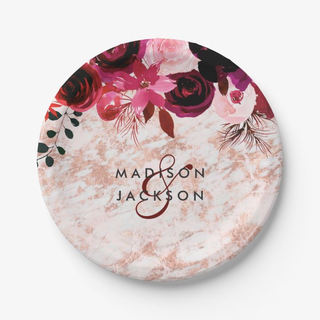 Burgundy Floral Rose Gold Marmor Wedding Monogram Pappteller (Vorderseite)