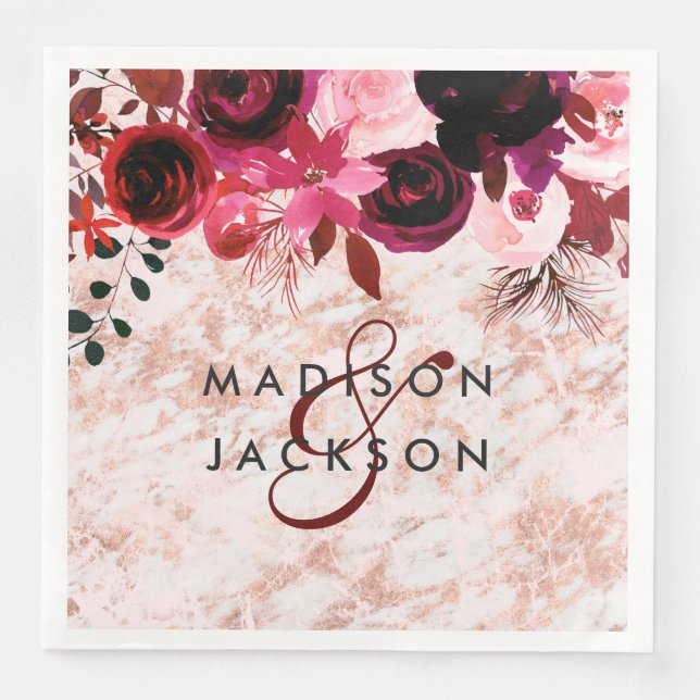 Burgundy Floral Rose Gold Marmor Wedding Monogram Serviette (Vorderseite)