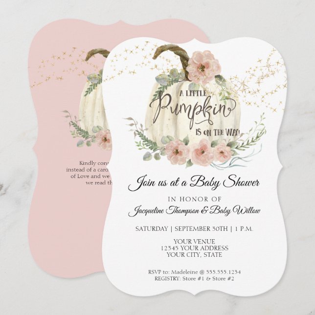 Burgundy Floral Rose Gold Pumpkin Baby Dusche Inv Einladung (Vorne/Hinten)