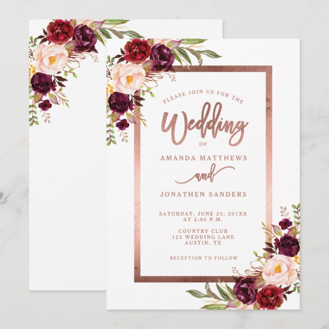 Burgundy Floral Rose Gold Script Hochzeit Einladung (Vorne/Hinten)