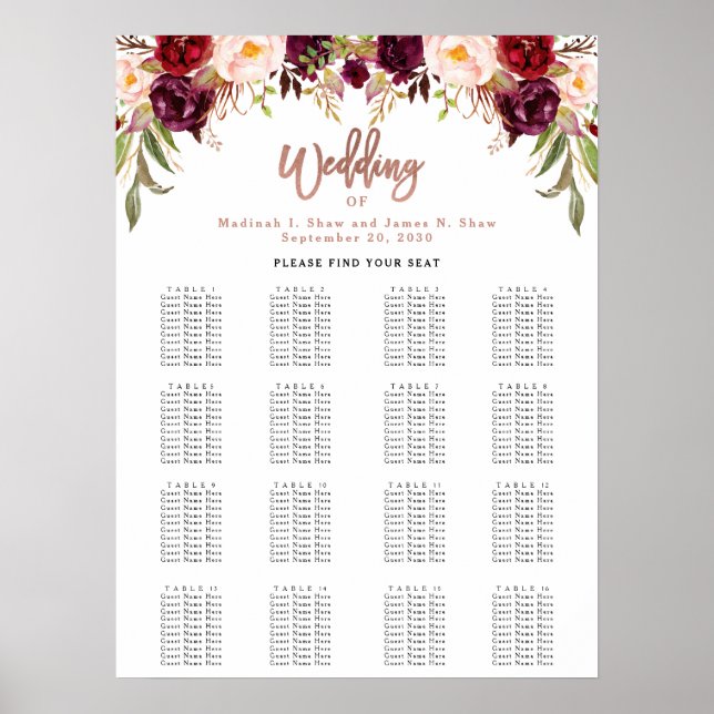 Burgundy Floral Rose Gold Wedding Chart Poster (Vorne)