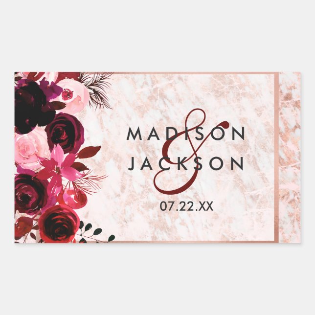 Burgundy Floral & Rose Gold Wedding Monogram Rechteckiger Aufkleber (Vorderseite)