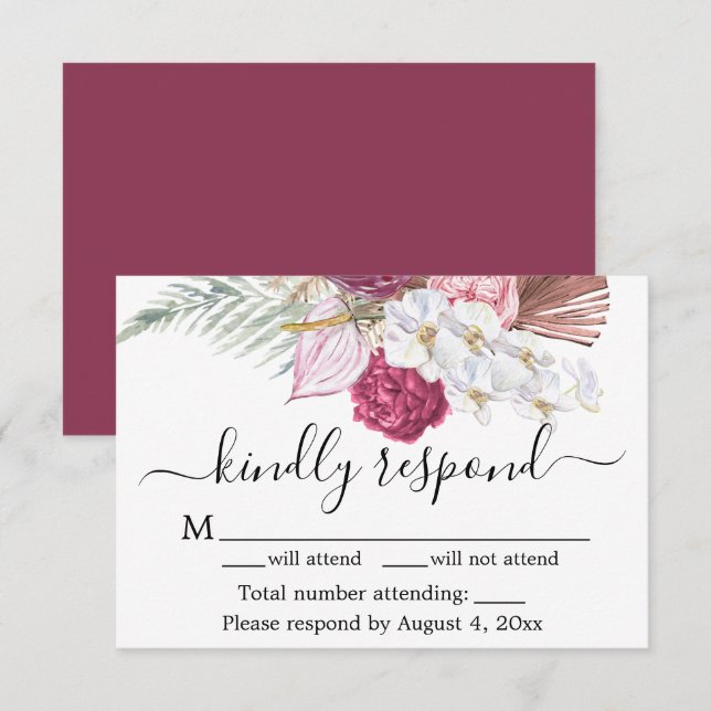 Burgundy Floral RSVP Card Dankeskarte (Vorne/Hinten)